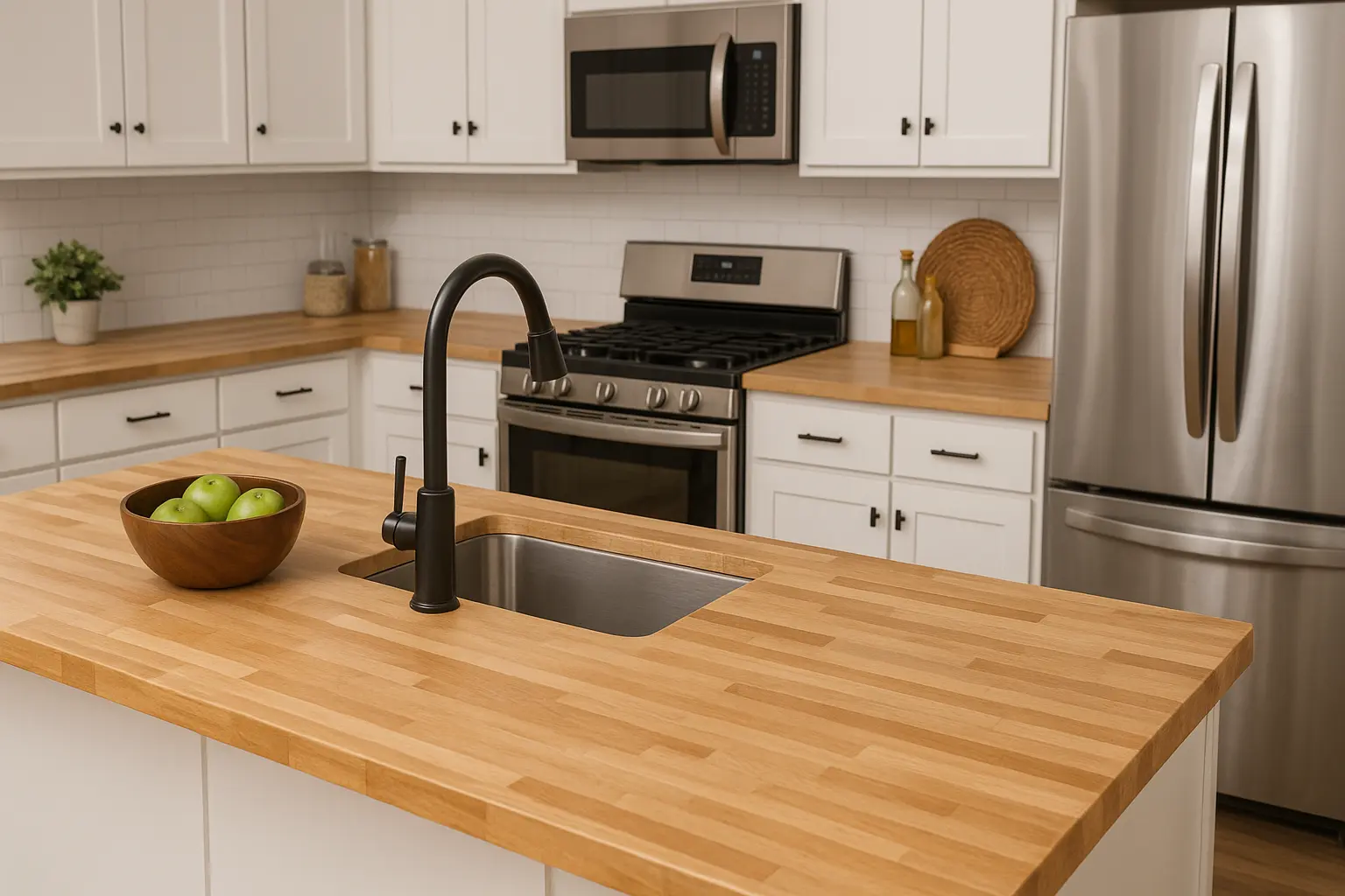 A display of butcher block countertops at FL Outlet.