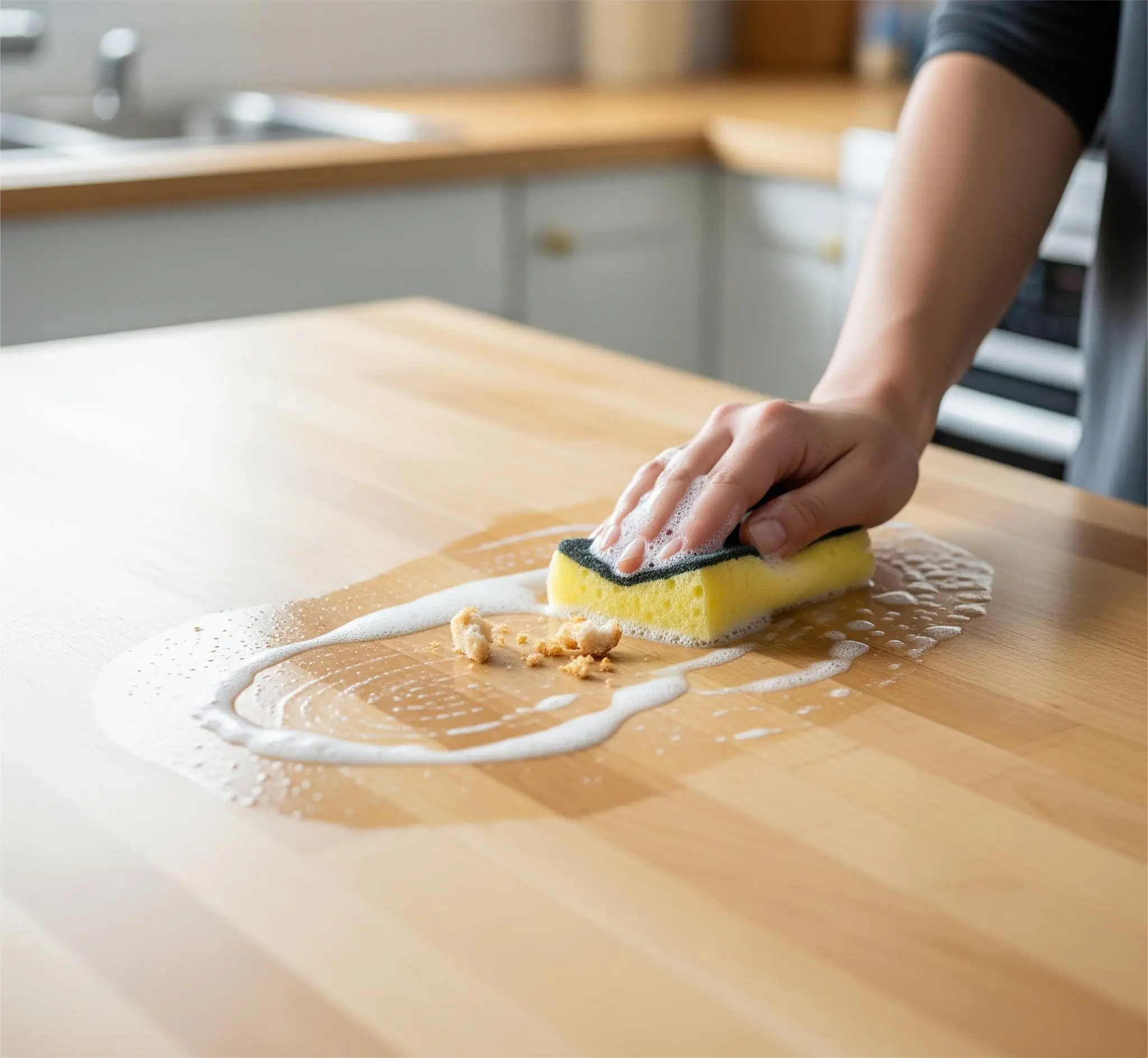 Cleaning a butcher block countertop with soap and sponge.