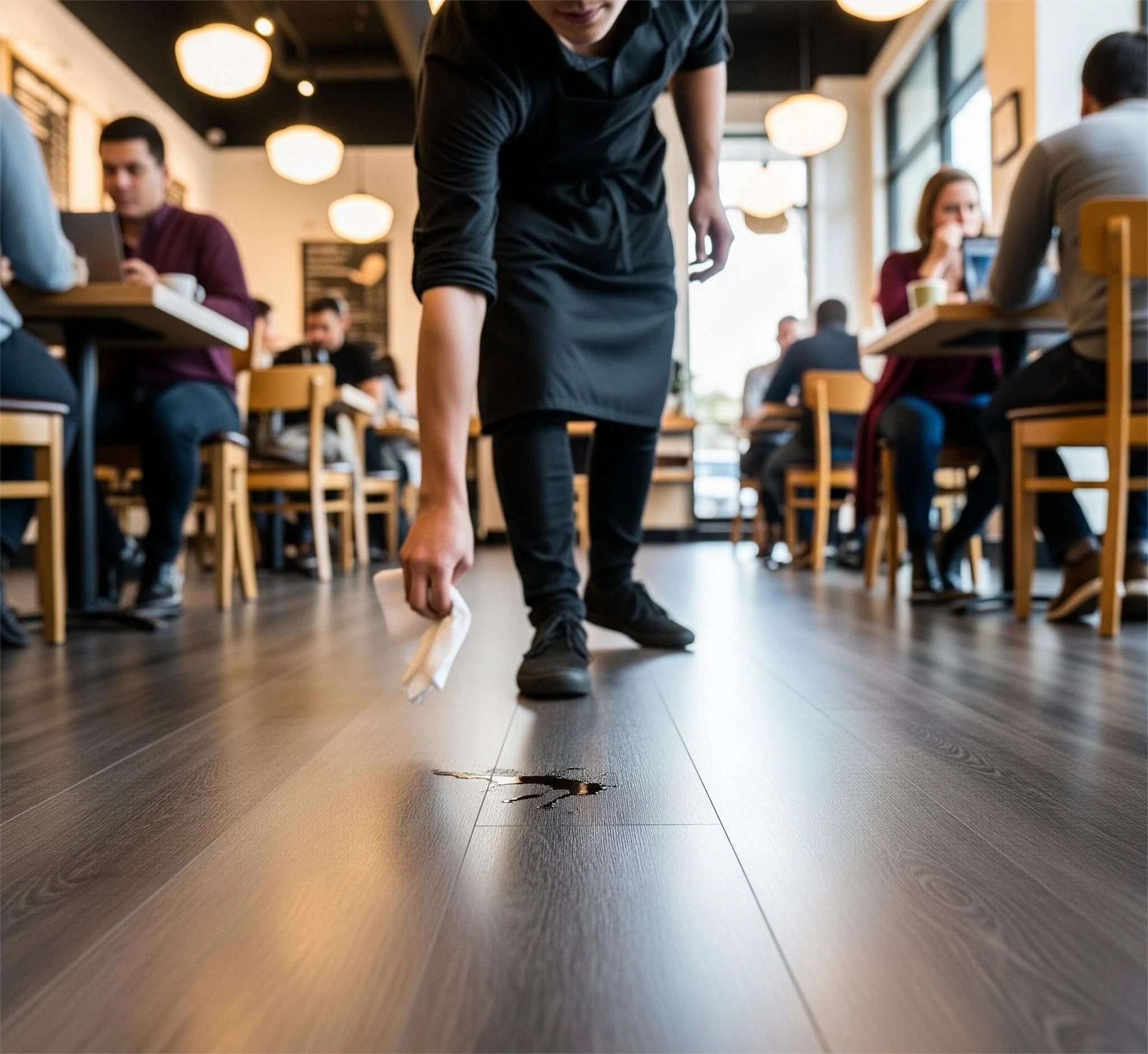 A busy café with stylish and easy-to-clean waterproof laminate flooring.
