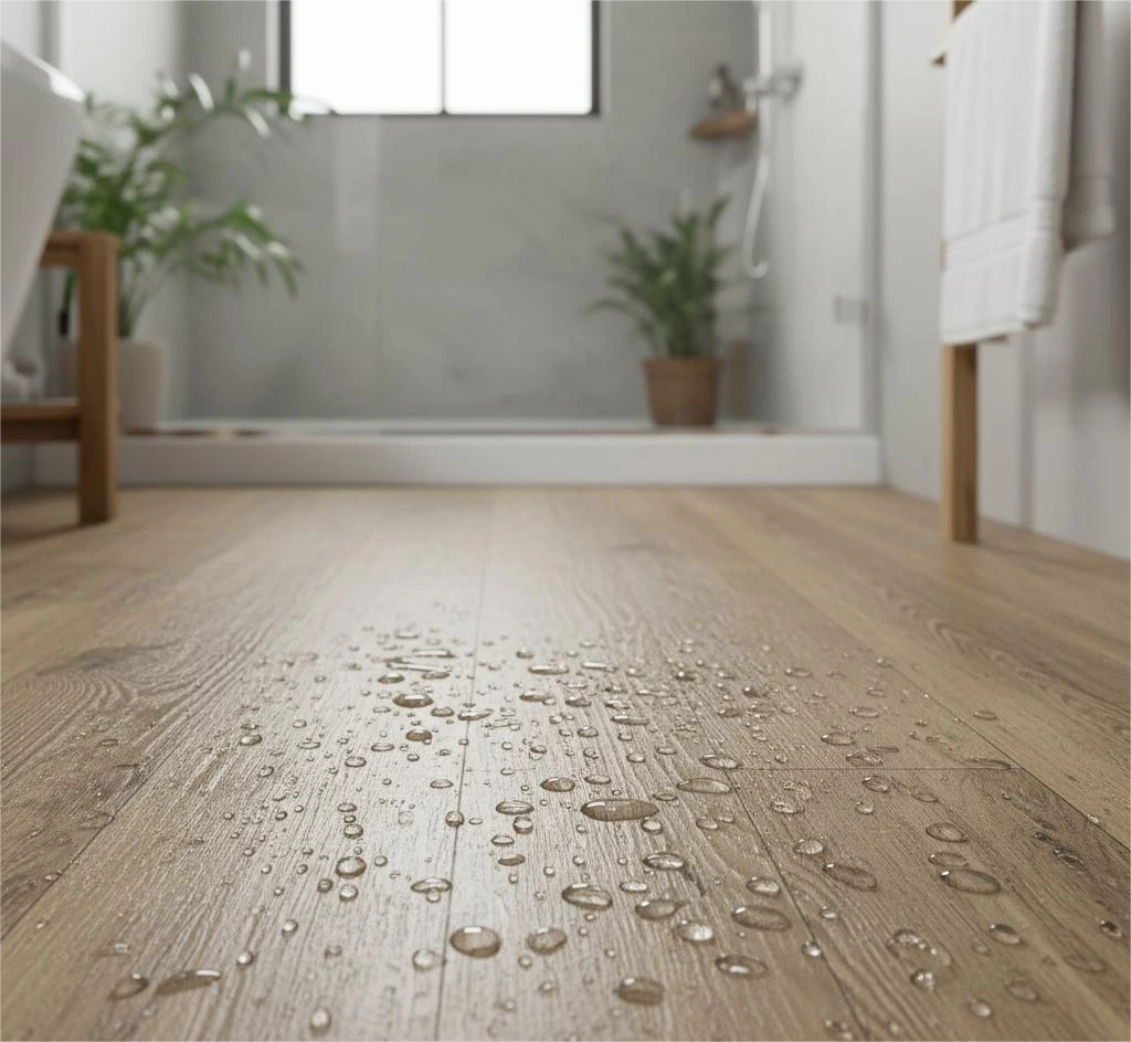 A modern bathroom featuring stylish and fully waterproof tile flooring.