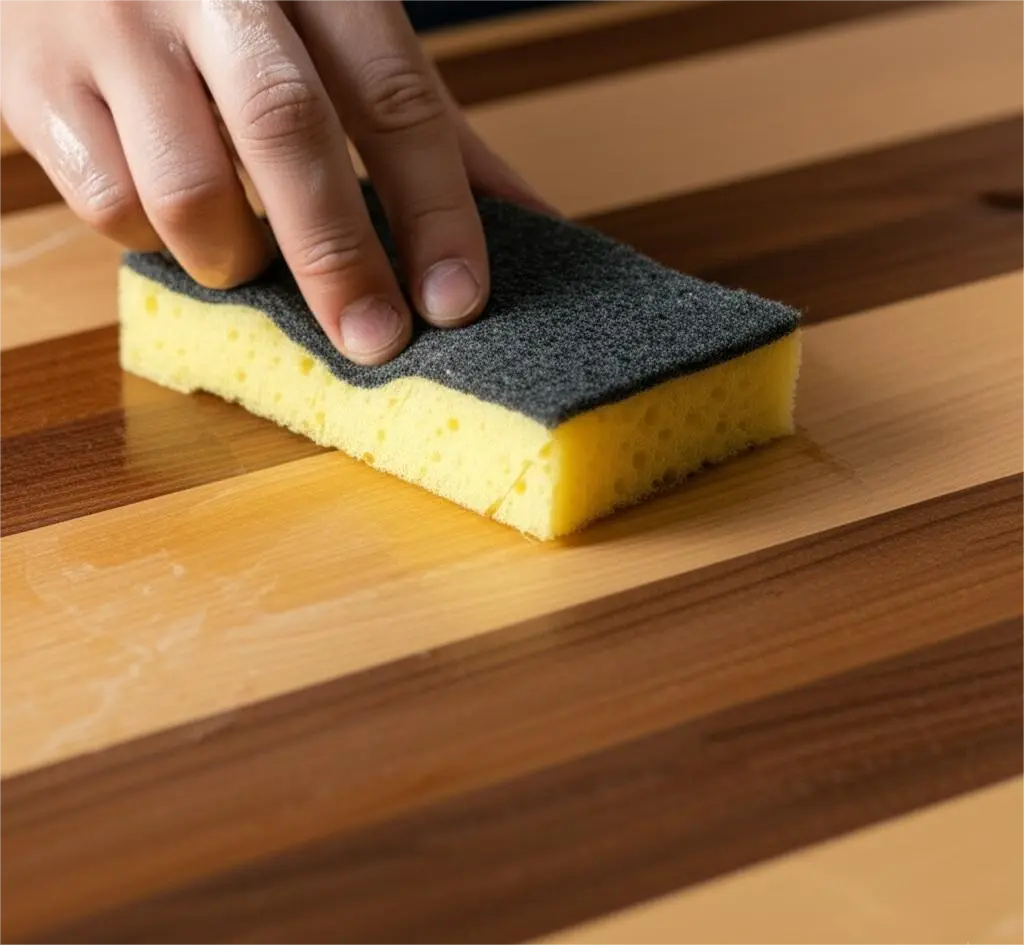 Restoring a butcher block with a fresh application of oil after sanding.
