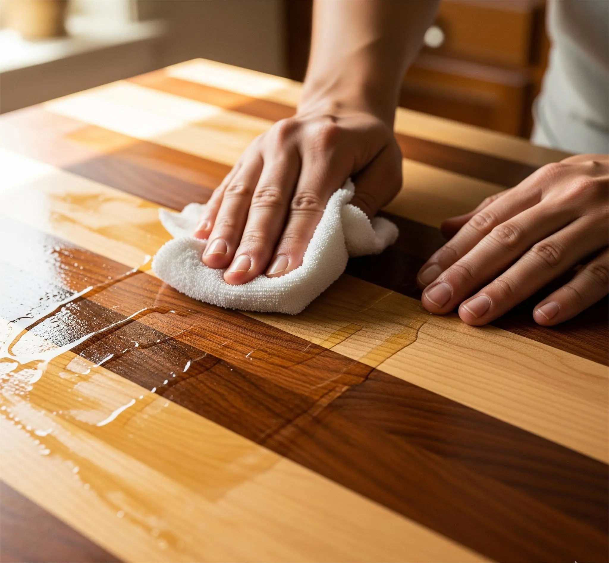 Hands applying oil to a butcher block surface for maintenance.
