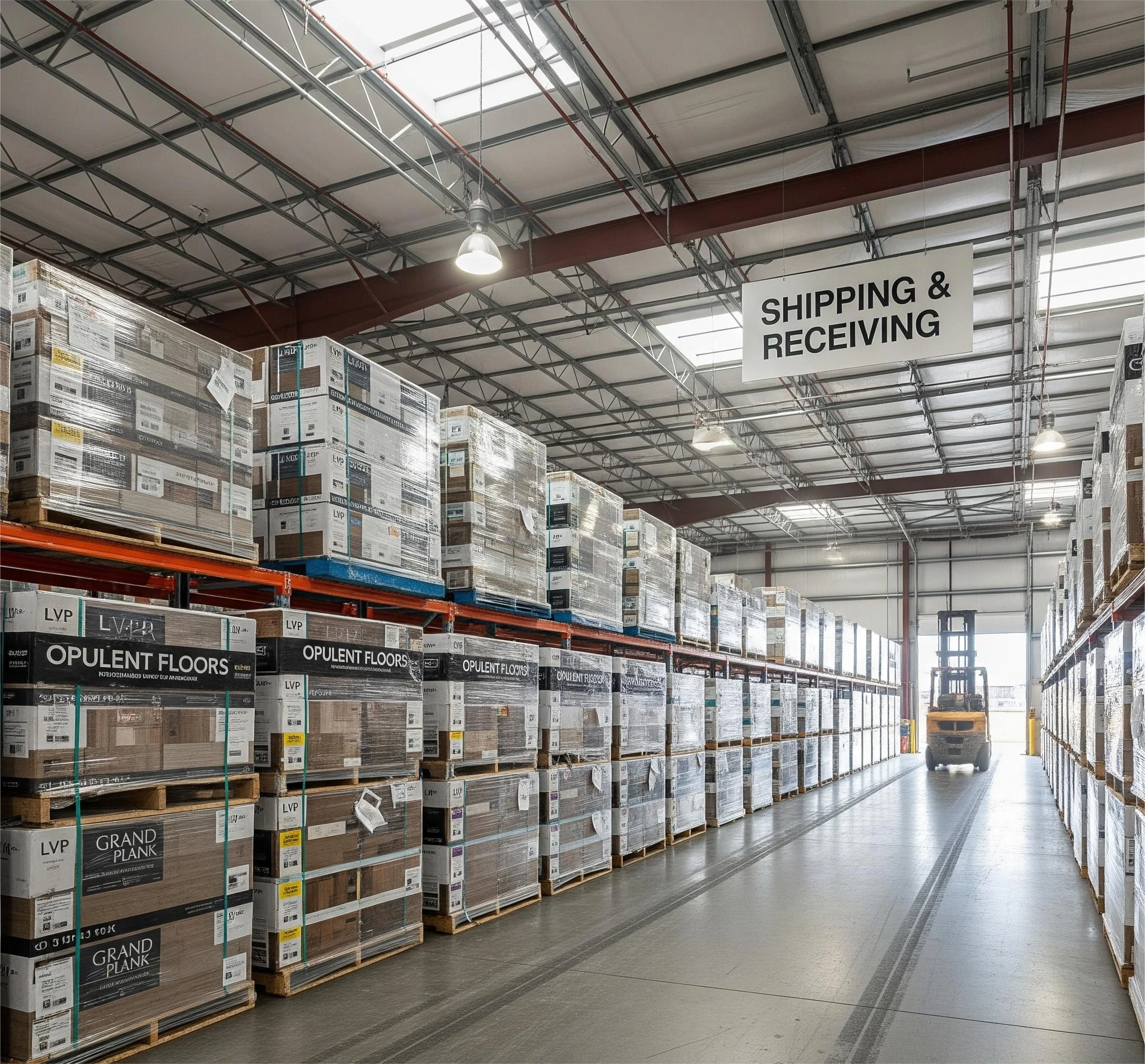 Bulk inventory of contractor flooring at FL Outlet in Florida.