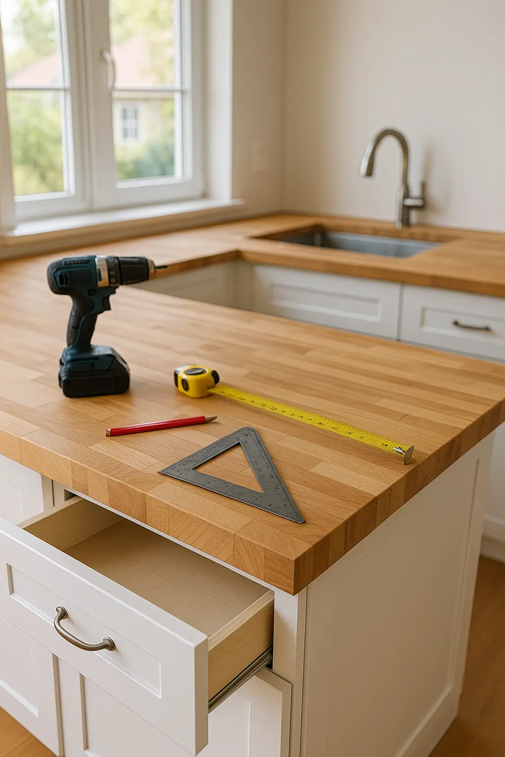 A beautiful butcher block countertop for a high-value kitchen.