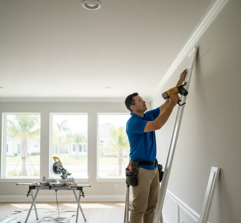 A professional installing high-quality MDF molding.