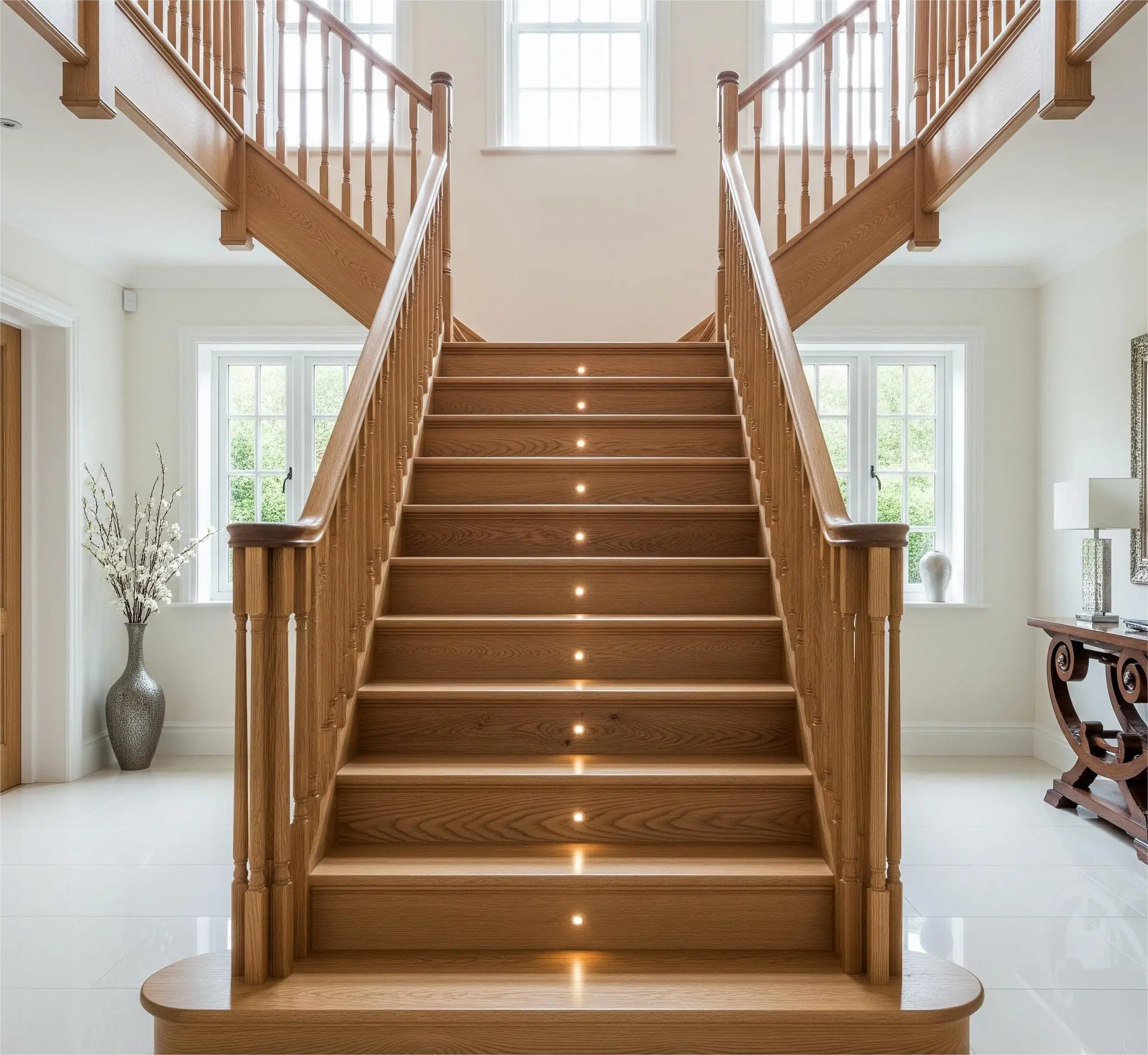 A beautiful finished staircase with custom wood treads.