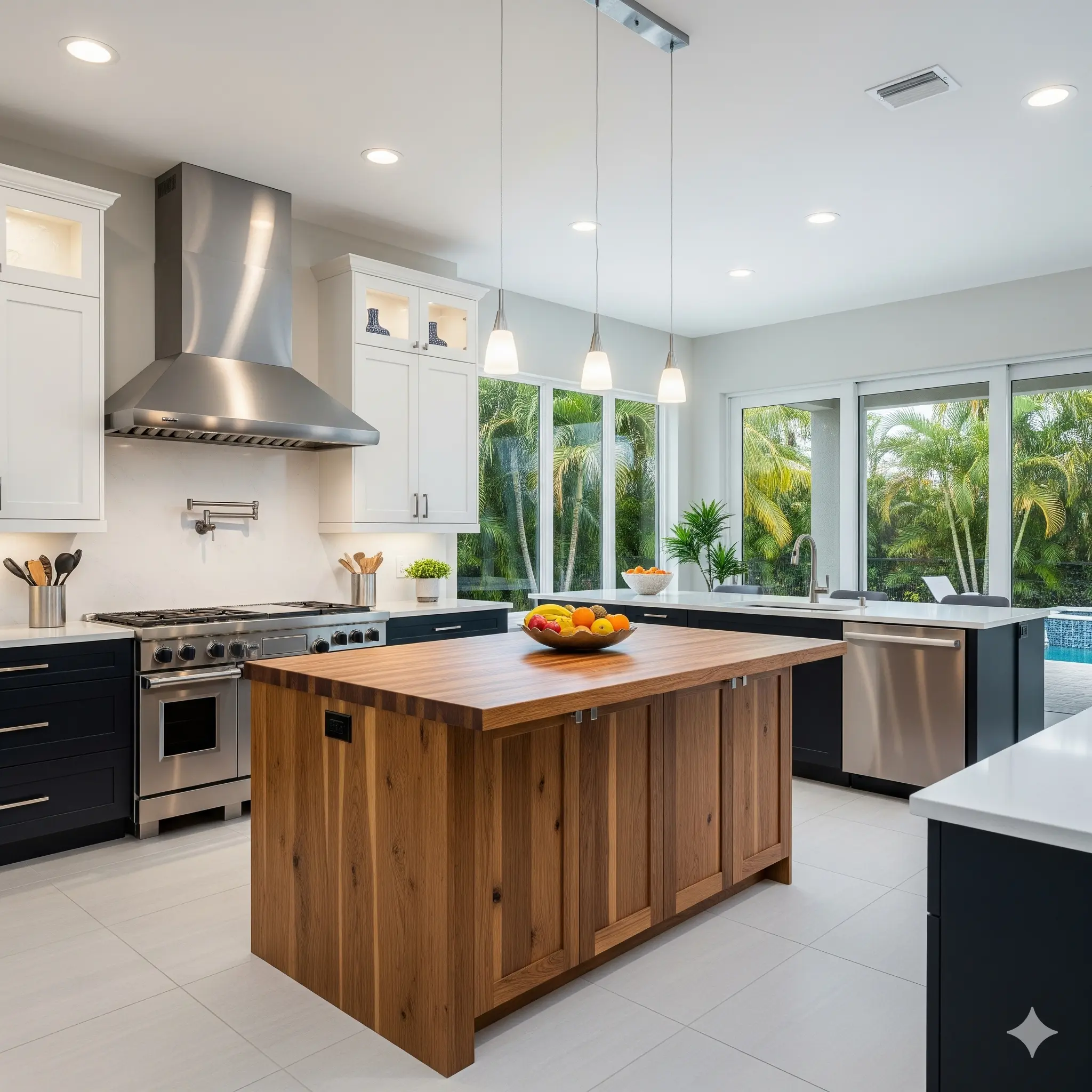 A beautiful, finished kitchen with a butcher block island.