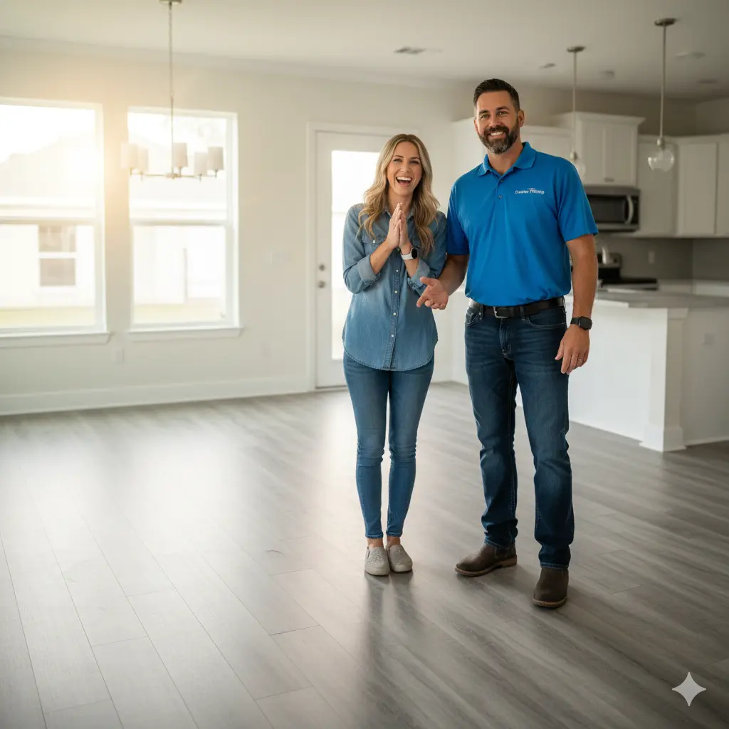 A successful contractor showing a happy client the new flooring.