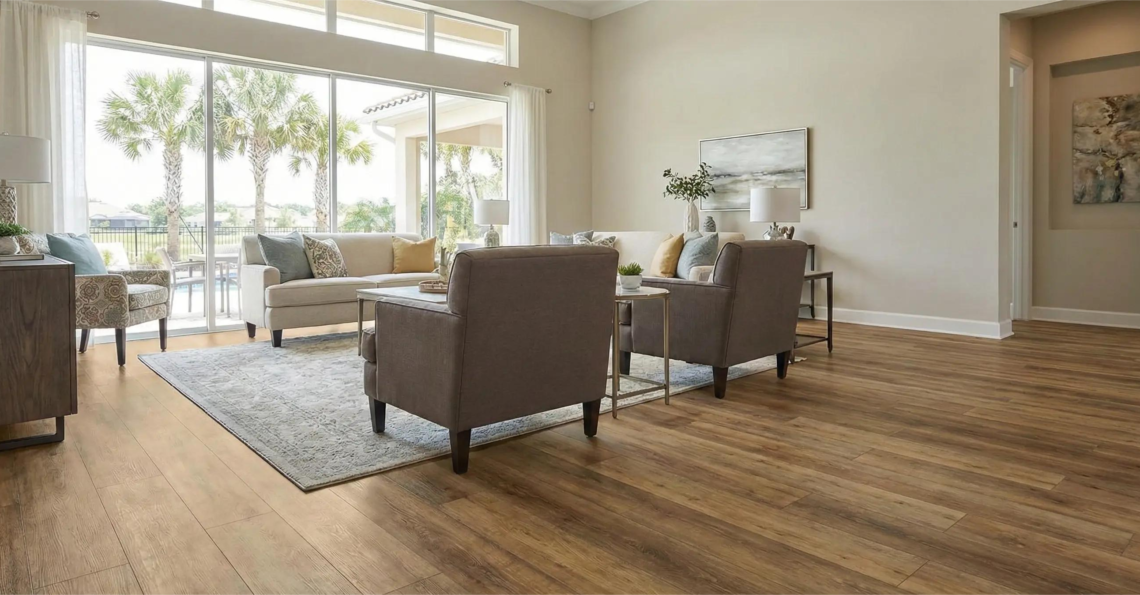 Spacious Orlando living room featuring warm oak luxury vinyl plank flooring installed with a view of Florida palm trees.