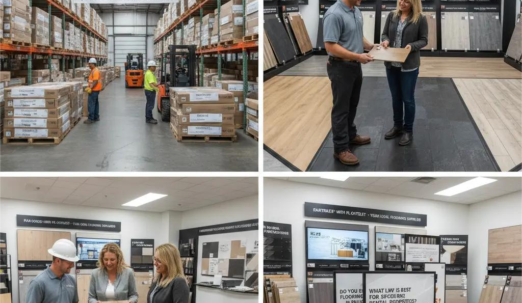 Professional flooring showroom in Orlando featuring luxury vinyl plank displays and a sign for contractor volume discounts.