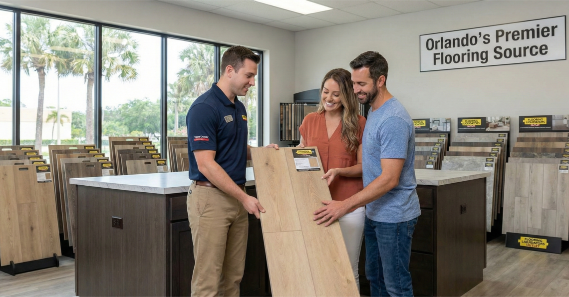 Flooring store expert helping a couple choose waterproof LVP samples at a flooring store near me in Orlando.