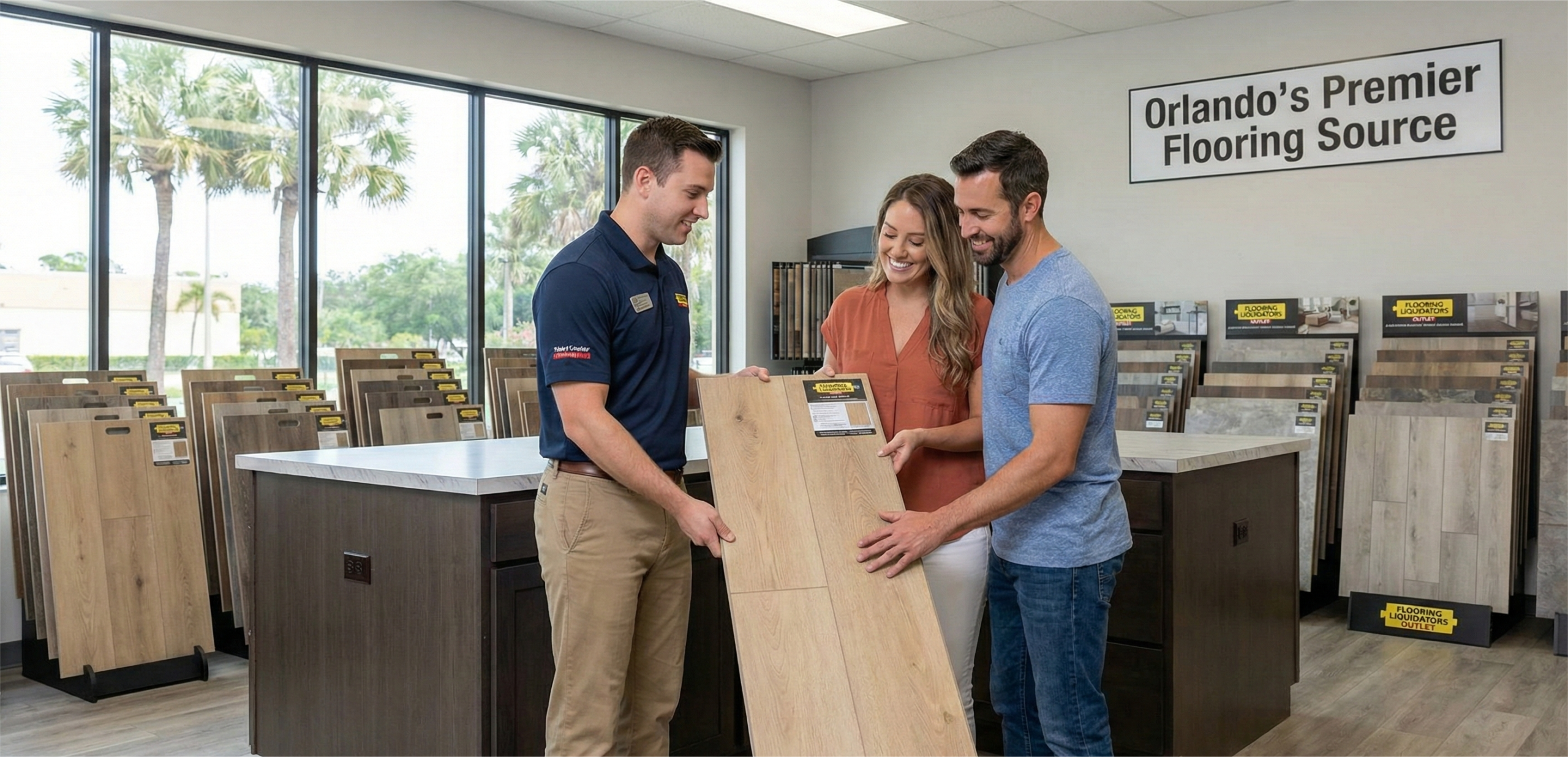 Flooring store expert helping a couple choose waterproof LVP samples at a flooring store near me in Orlando.