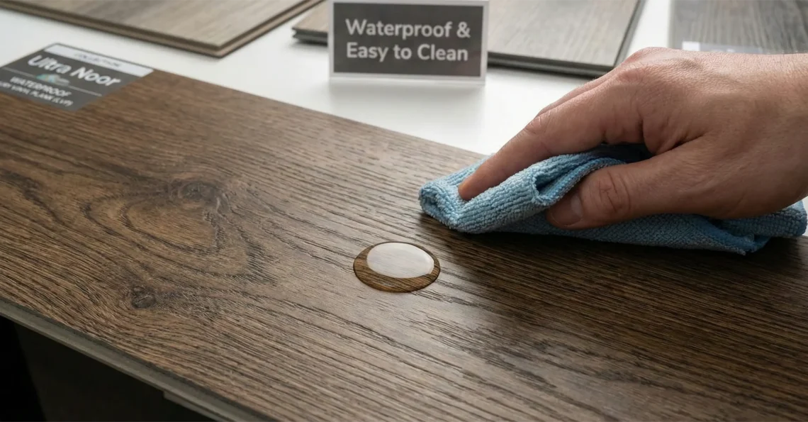 Close-up of hand wiping water spill from Ultra Noor luxury vinyl plank, demonstrating 100% waterproof surface and easy maintenance for Orlando homes.