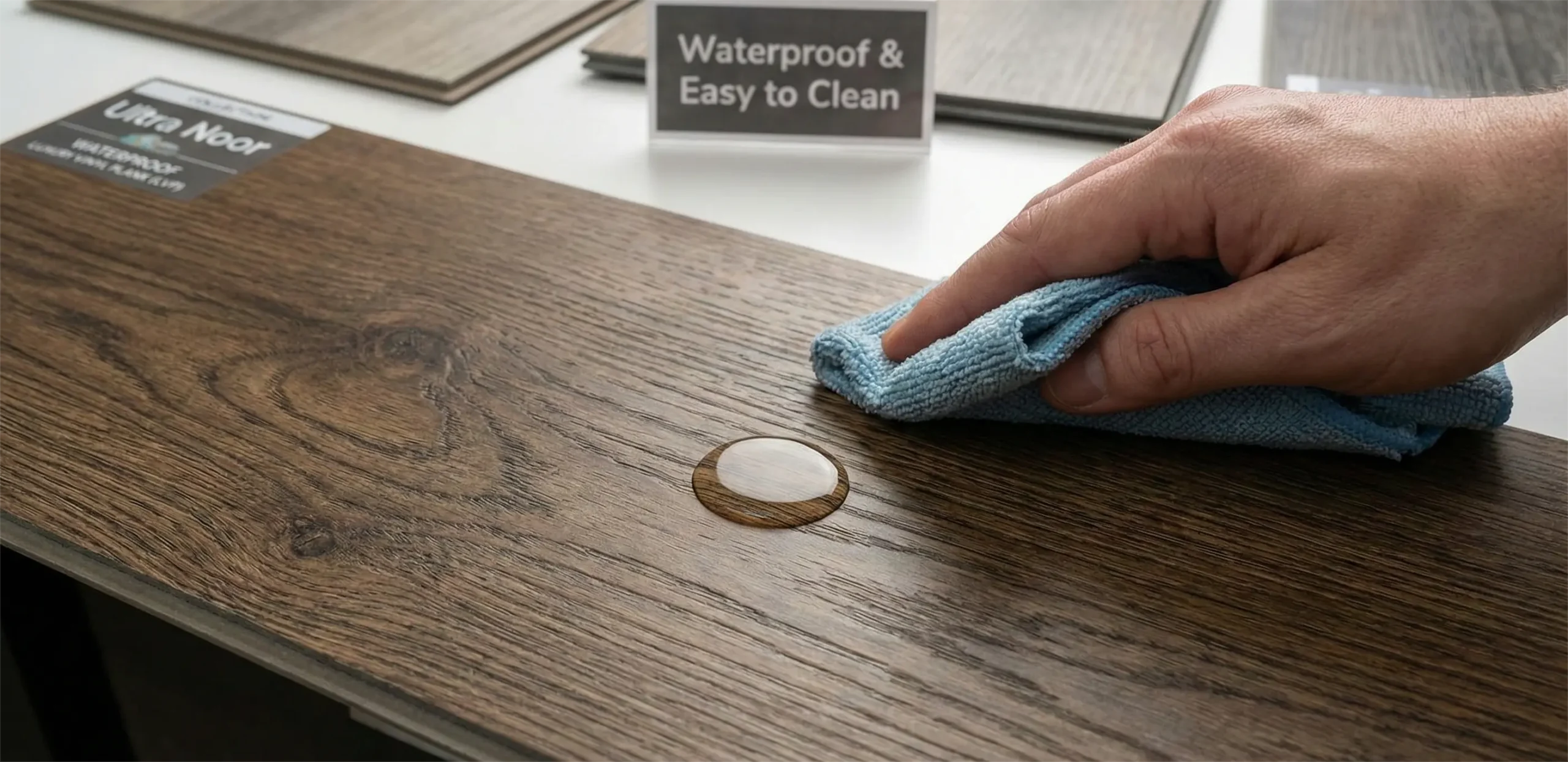 Close-up of hand wiping water spill from Ultra Noor luxury vinyl plank, demonstrating 100% waterproof surface and easy maintenance for Orlando homes.