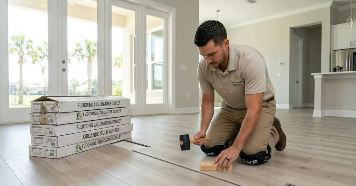 A professional installer using a rubber mallet and tapping block to carefully lay down light oak LVP Flooring Orlando for Contractors in a bright Florida home, with FL Outlet supply boxes stacked nearby.