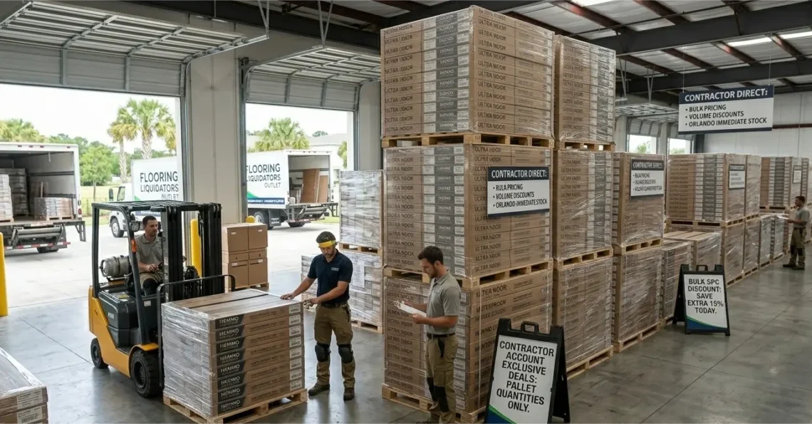 A detailed photo inside the massive FL Outlet Orlando distribution warehouse. Multiple professional workers are actively handling and inspecting a large direct shipment of waterproof SPC LVP flooring on stacked pallets. Visible brand names include 'ULTRA NOOR', 'ULTRA ADISA', and 'HEMMO COLLECTION', all marked as 'Waterproof SPC LVP'. Large hanging and standing signs read: 'CONTRACTOR SUPPLY: BULK PRICING • VOLUME DISCOUNTS • ORLANDO IMMEDIATE STOCK' and 'CONTRACTOR ACCOUNT EXCLUSIVE DEALS: PALLET QUANTITIES ONLY'. Flooring Liquidators Outlet delivery trucks are being loaded in the background.