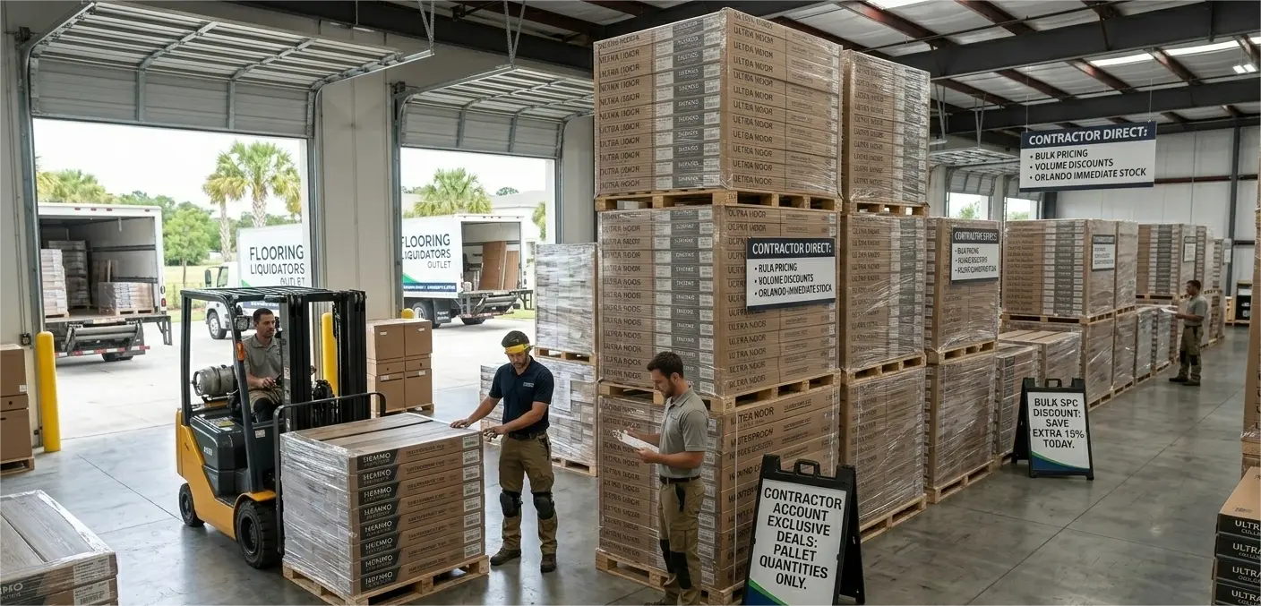 A detailed photo inside the massive FL Outlet Orlando distribution warehouse. Multiple professional workers are actively handling and inspecting a large direct shipment of waterproof SPC LVP flooring on stacked pallets. Visible brand names include 'ULTRA NOOR', 'ULTRA ADISA', and 'HEMMO COLLECTION', all marked as 'Waterproof SPC LVP'. Large hanging and standing signs read: 'CONTRACTOR SUPPLY: BULK PRICING • VOLUME DISCOUNTS • ORLANDO IMMEDIATE STOCK' and 'CONTRACTOR ACCOUNT EXCLUSIVE DEALS: PALLET QUANTITIES ONLY'. Flooring Liquidators Outlet delivery trucks are being loaded in the background.