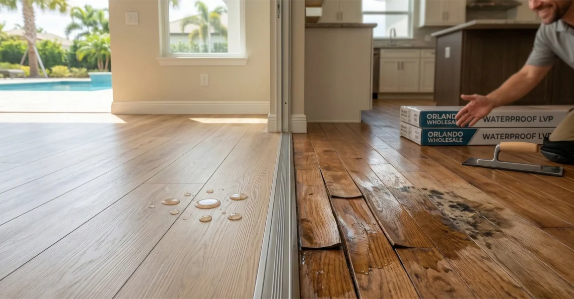 Luxury waterproof Luxury Vinyl Plank (LVP) flooring in an Orlando living room with pool and palm tree view, highlighting its bead-up feature.