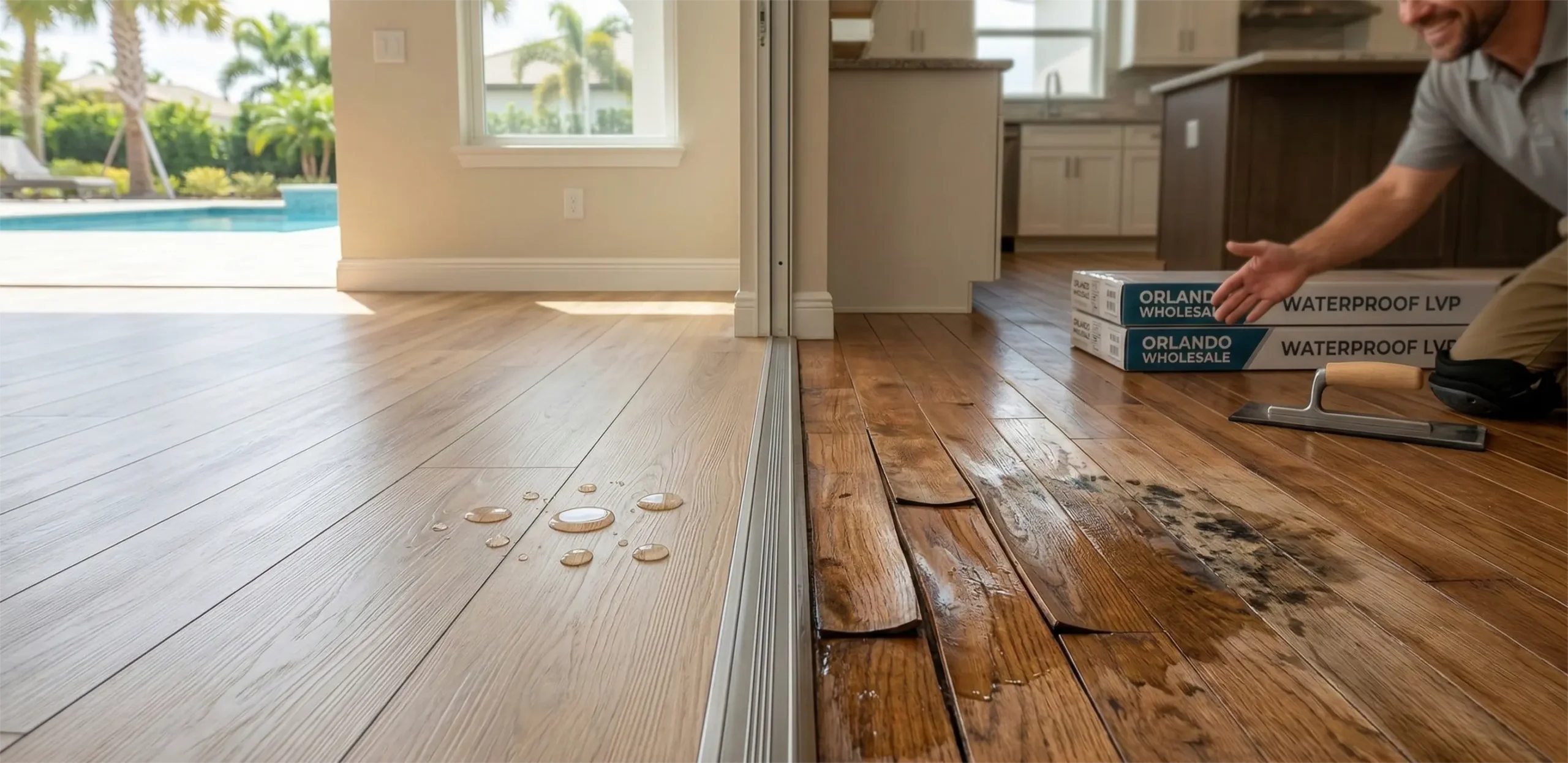 Luxury waterproof Luxury Vinyl Plank (LVP) flooring in an Orlando living room with pool and palm tree view, highlighting its bead-up feature.