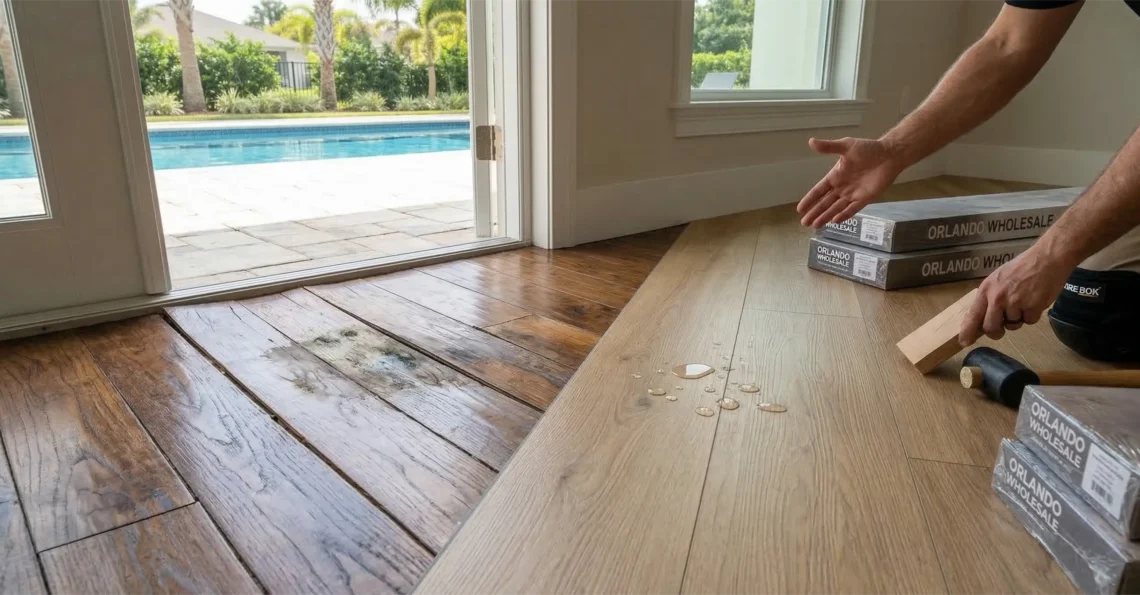 A detailed medium shot inside a modern Orlando home showing a direct contrast at a doorway threshold between old, traditional hardwood planks (left) that are warped, cupping, and water-damaged, and pristine, 100% waterproof LVP flooring (right) which is beading water droplets. The hand of a professional flooring installer highlights the comparison.