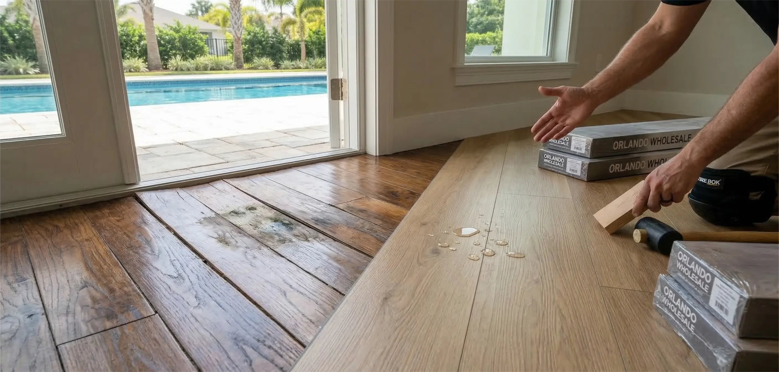 A detailed medium shot inside a modern Orlando home showing a direct contrast at a doorway threshold between old, traditional hardwood planks (left) that are warped, cupping, and water-damaged, and pristine, 100% waterproof LVP flooring (right) which is beading water droplets. The hand of a professional flooring installer highlights the comparison.