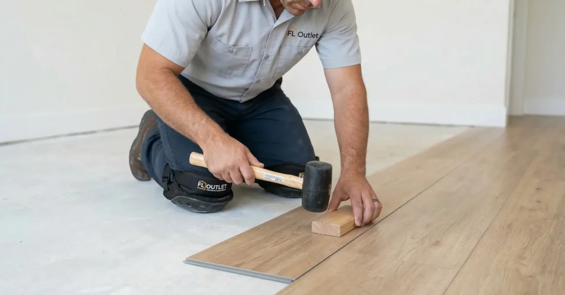 Professional, seamless light-oak wood-grain LVP flooring installed throughout a modern Orlando living room, bathed in natural sunshine with palm trees visible outside.