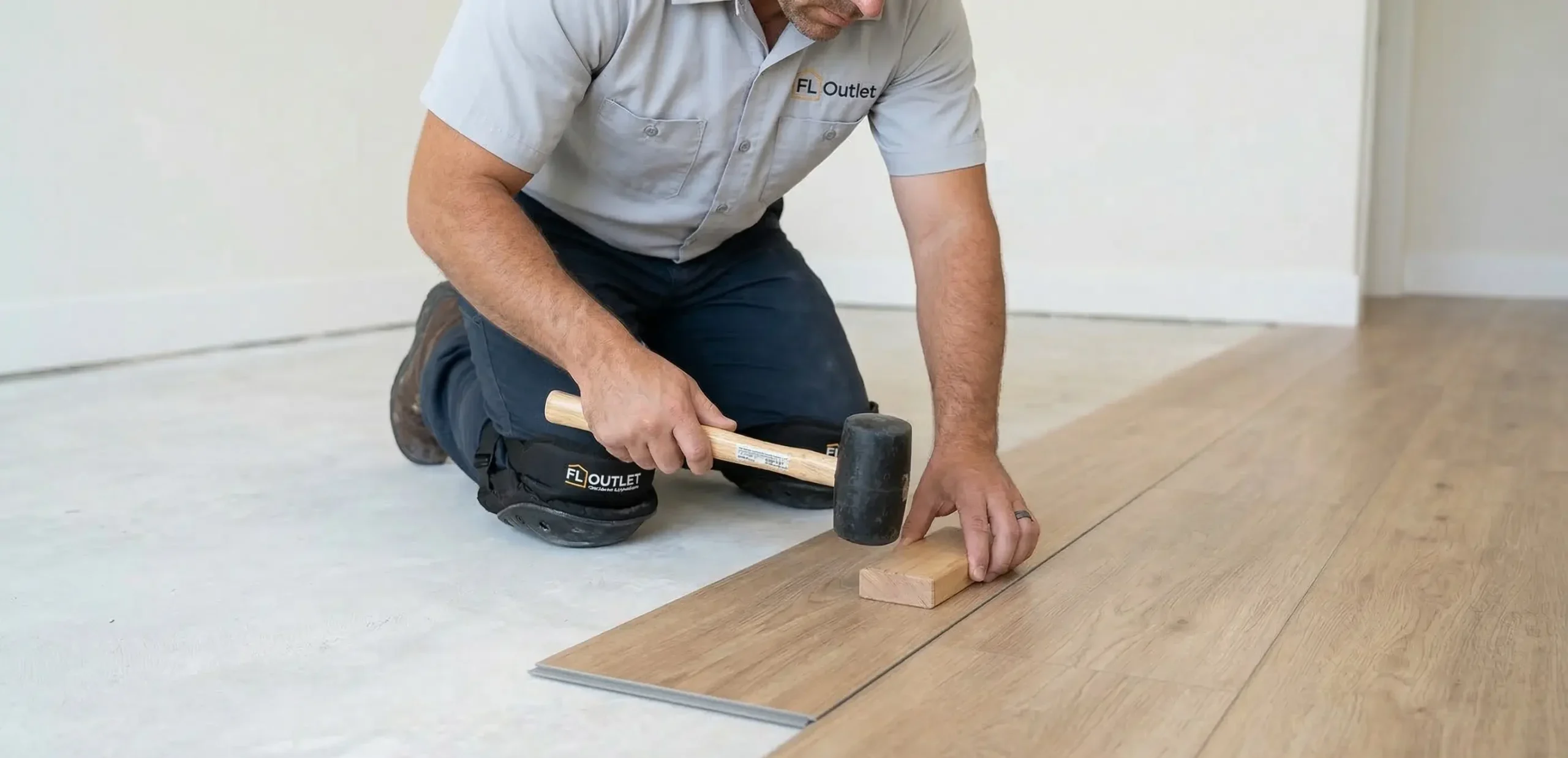 Professional, seamless light-oak wood-grain LVP flooring installed throughout a modern Orlando living room, bathed in natural sunshine with palm trees visible outside.