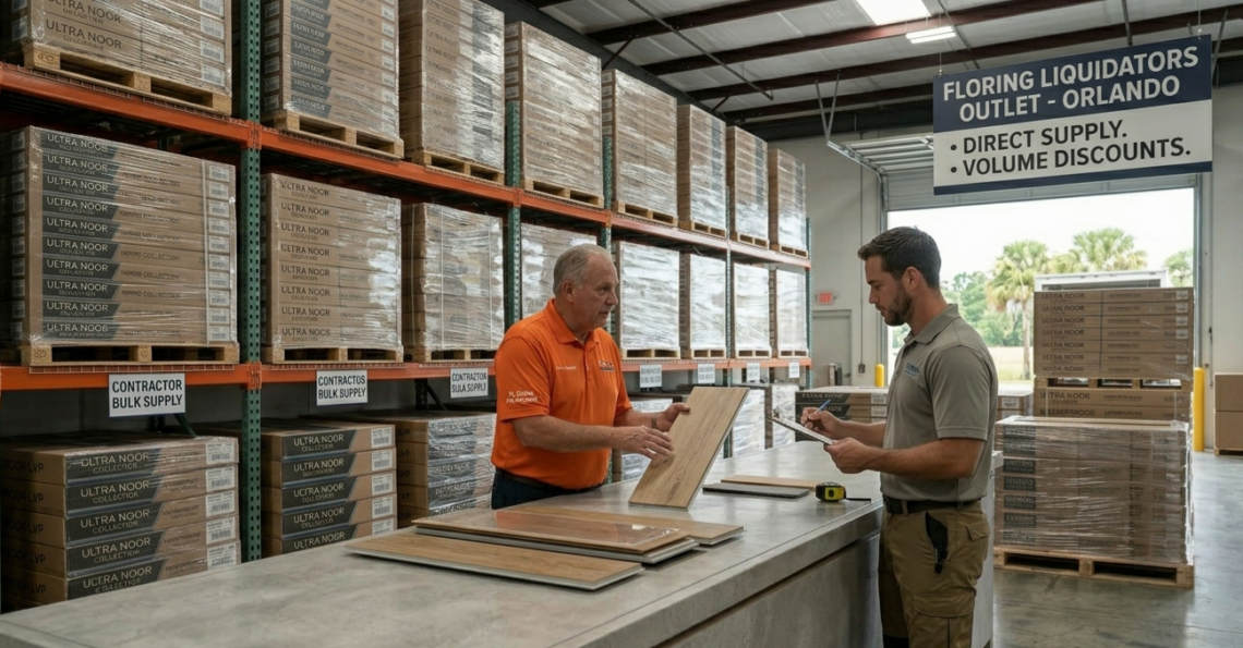 A professional contractor consulting with an expert LVP Flooring Supplier Orlando at a Pro Desk inside a fully stocked FL Outlet warehouse, discussing SPC plank quality with massive pallet inventory in the background.