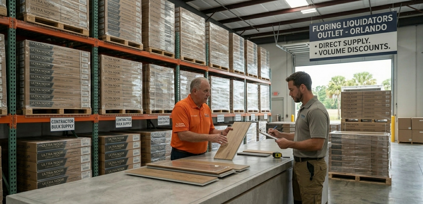A professional contractor consulting with an expert LVP Flooring Supplier Orlando at a Pro Desk inside a fully stocked FL Outlet warehouse, discussing SPC plank quality with massive pallet inventory in the background.