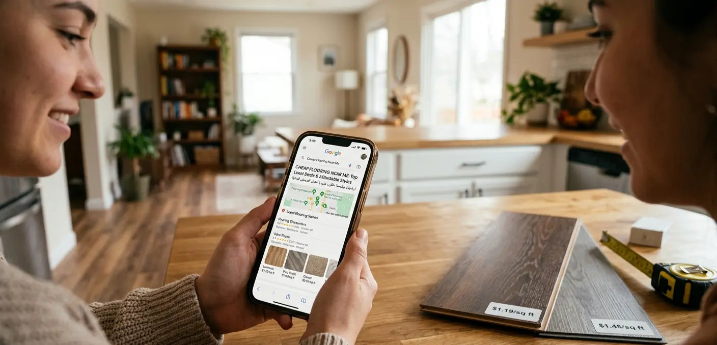 Searching for cheap flooring near me on a smartphone