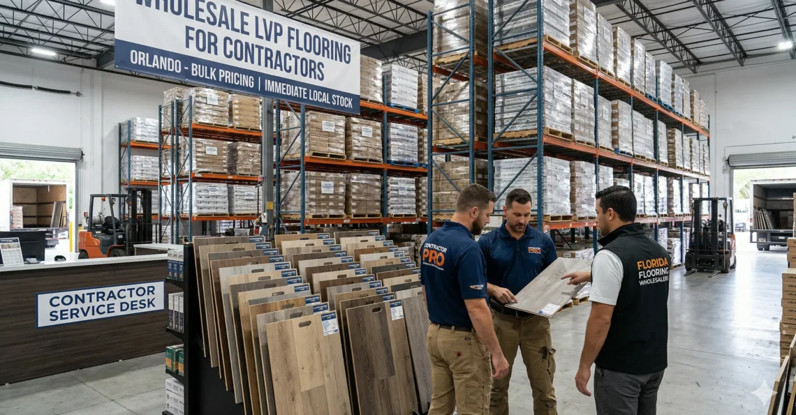 Pallets of wholesale LVP flooring for contractors Orlando being delivered directly to a residential construction job site.