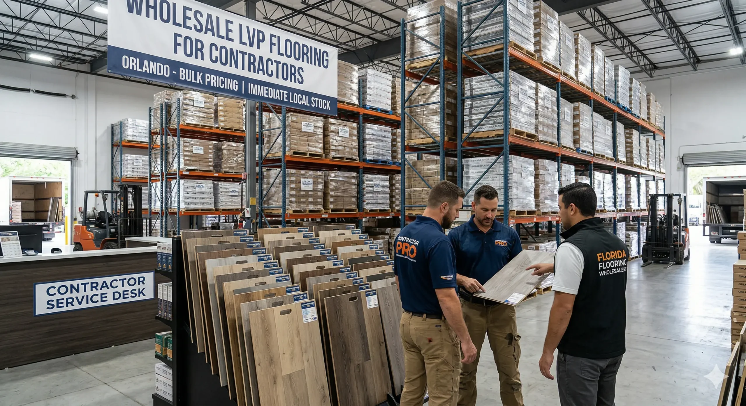 Professionals reviewing samples at a local warehouse specializing in wholesale LVP flooring for contractors Orlando