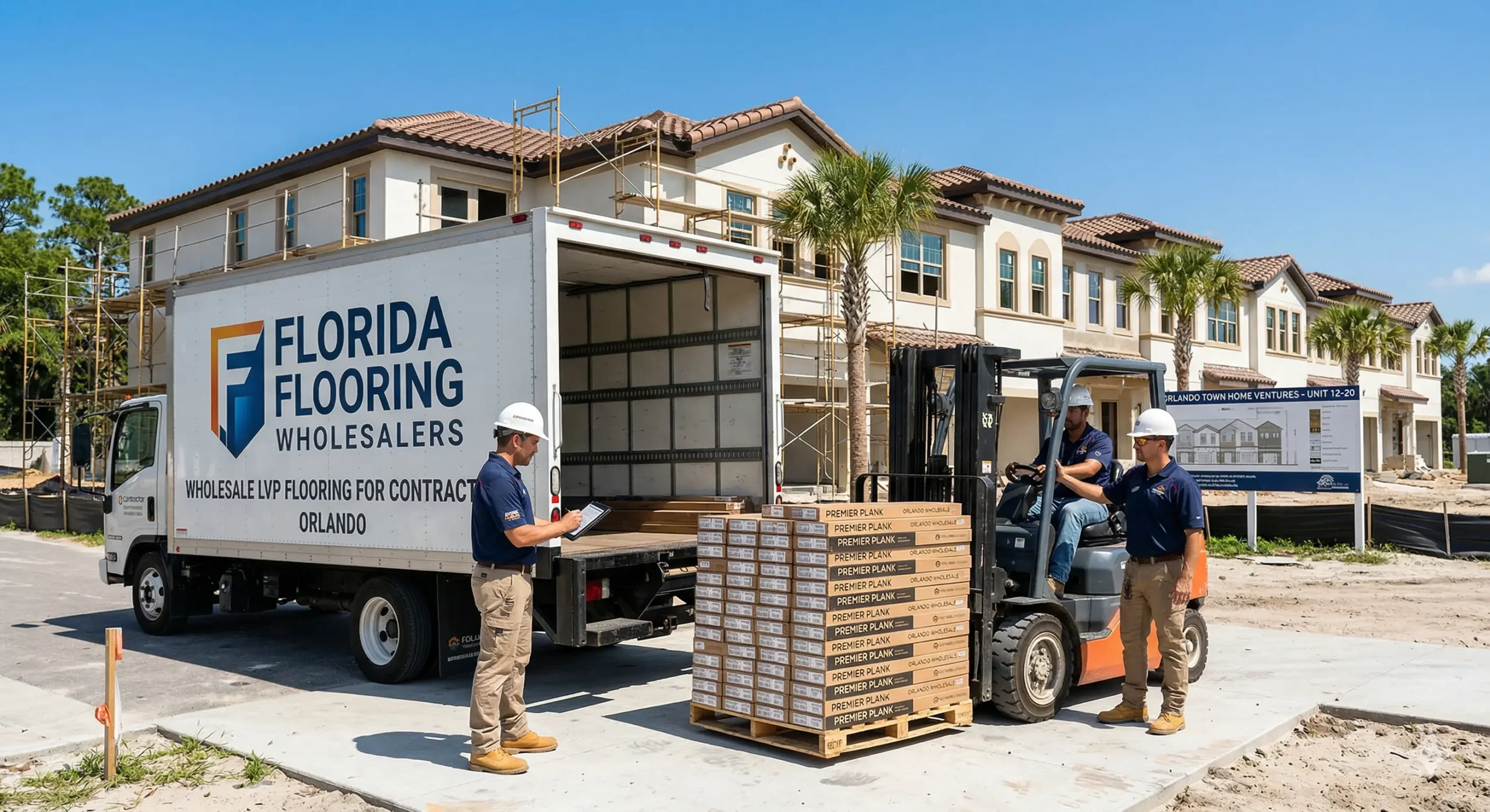 Pallets of wholesale LVP flooring for contractors Orlando being delivered directly to a residential construction job site