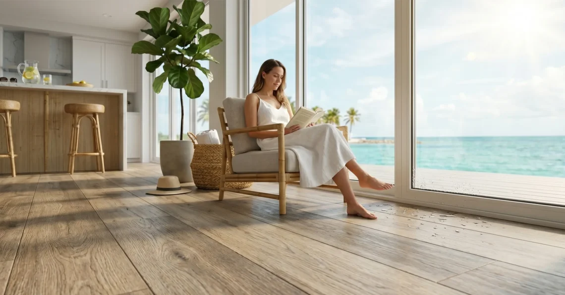 A woman reading a book comfortably on waterproof wood-look LVP flooring in a coastal Florida home.