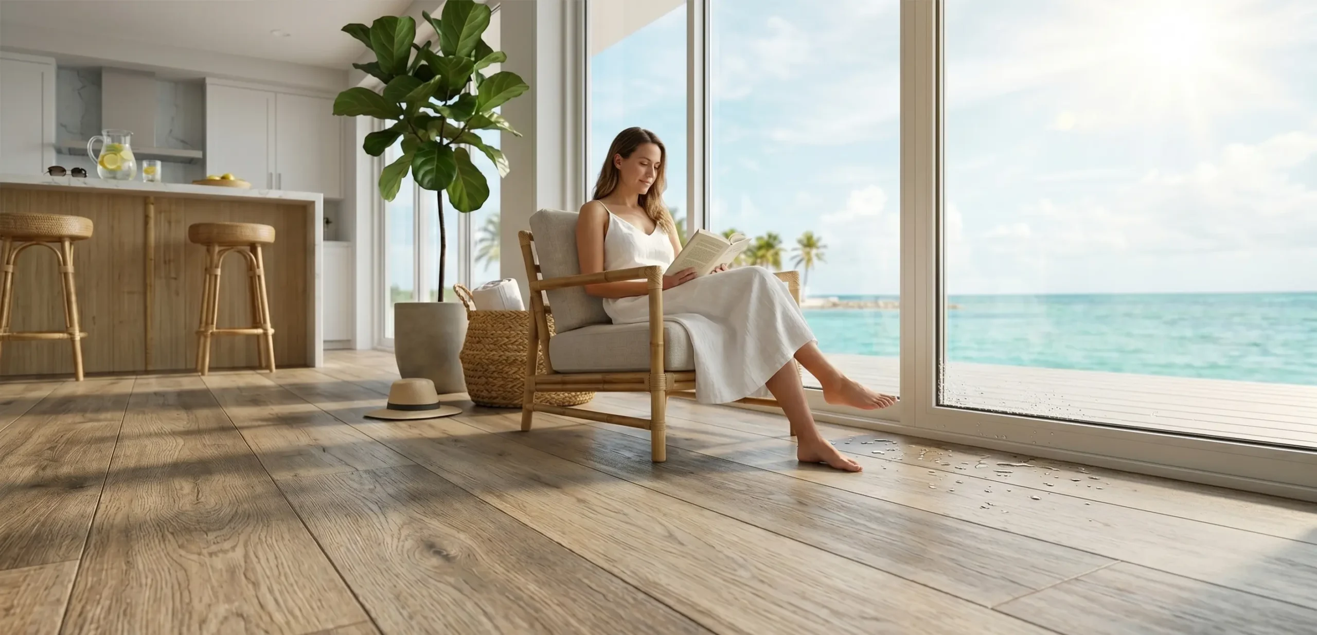 A woman reading a book comfortably on waterproof wood-look LVP flooring in a coastal Florida home.