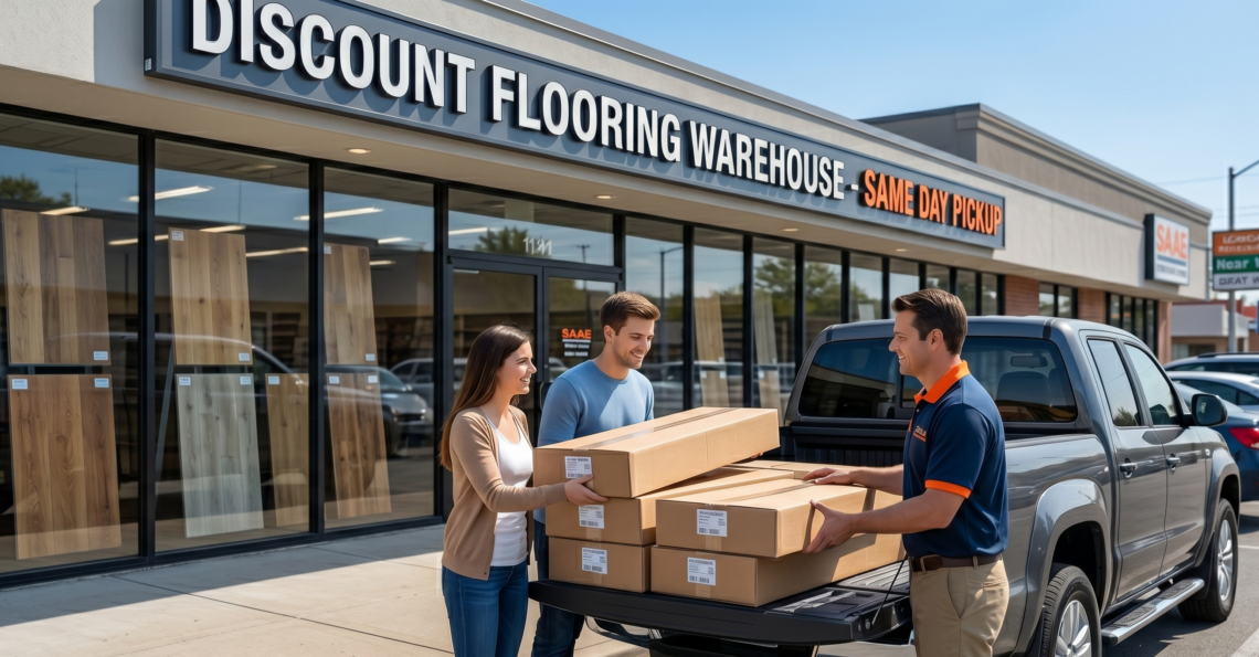 Young couple walking barefoot on beautiful Ultra Noor plank flooring in a modern, sunlit living room.