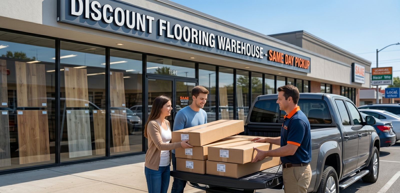 Young couple walking barefoot on beautiful Ultra Noor plank flooring in a modern, sunlit living room.