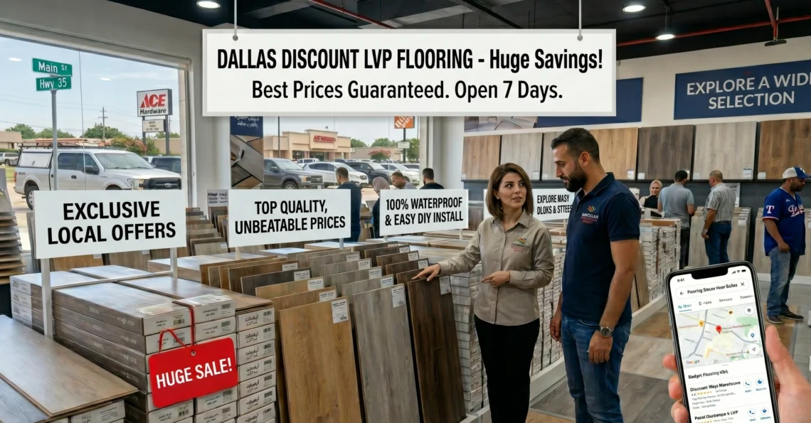 Dallas LVP flooring showroom featuring waterproof vinyl planks, staff assisting a customer, and promotional sale banners.