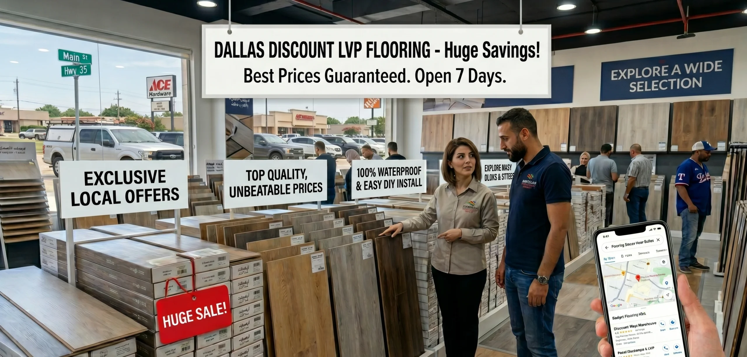 Dallas LVP flooring showroom featuring waterproof vinyl planks, staff assisting a customer, and promotional sale banners.