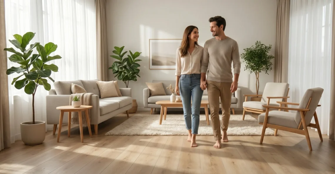 A modern living room featuring Ultra Noor luxury plank flooring with a young couple walking barefoot on the warm wood-textured surface.