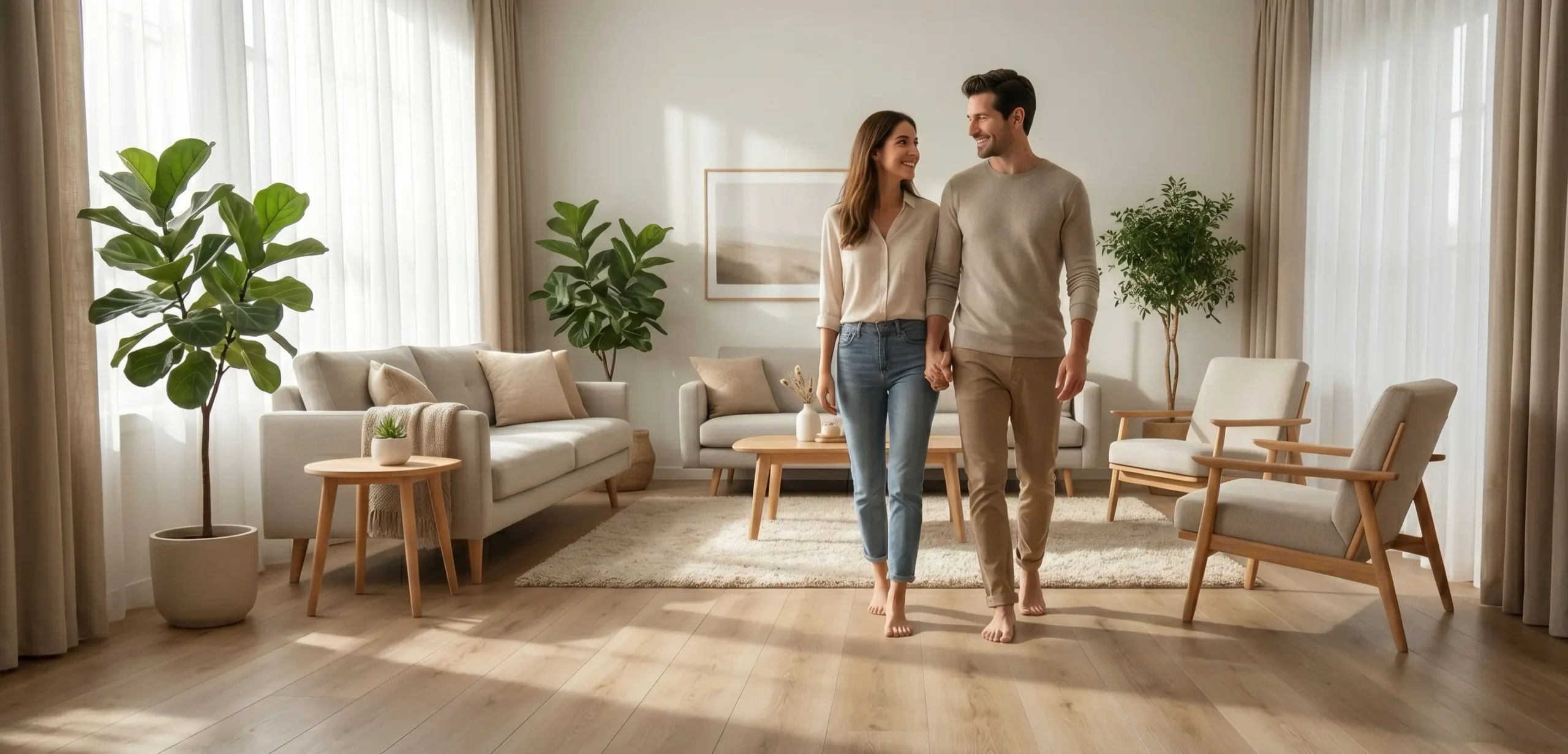 A modern living room featuring Ultra Noor luxury plank flooring with a young couple walking barefoot on the warm wood-textured surface.