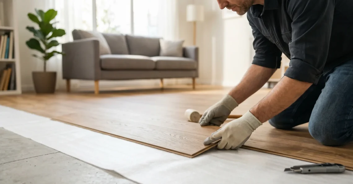 A professional installer wearing gloves installing wood-look Luxury Vinyl Plank (LVP) flooring over white underlayment.