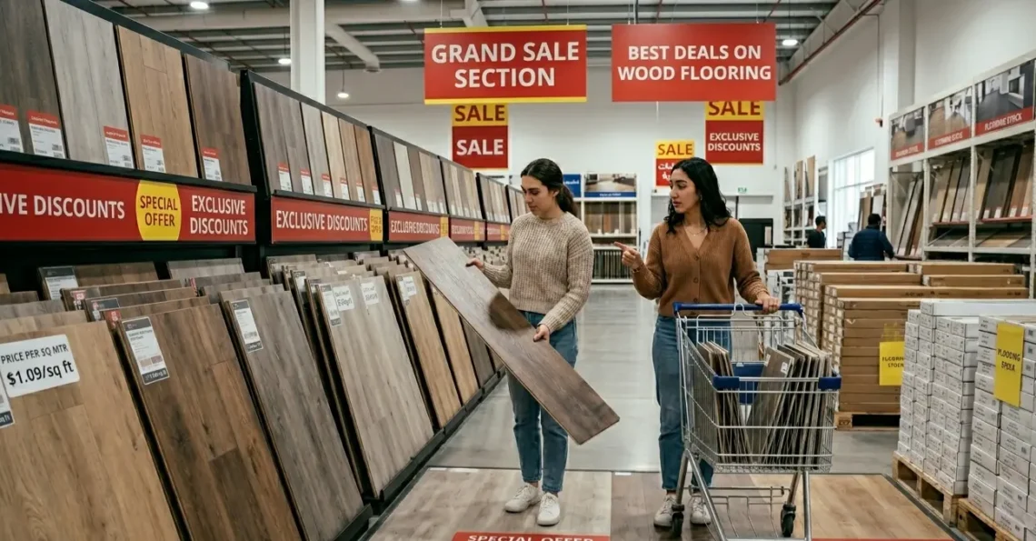 Two women shopping for cheap flooring near me in a large warehouse store during a grand sale.