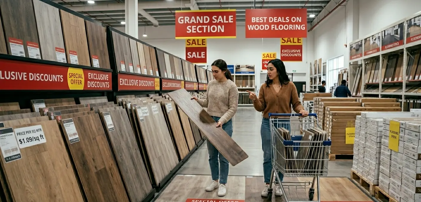 Women shopping for cheap flooring near me in a massive warehouse