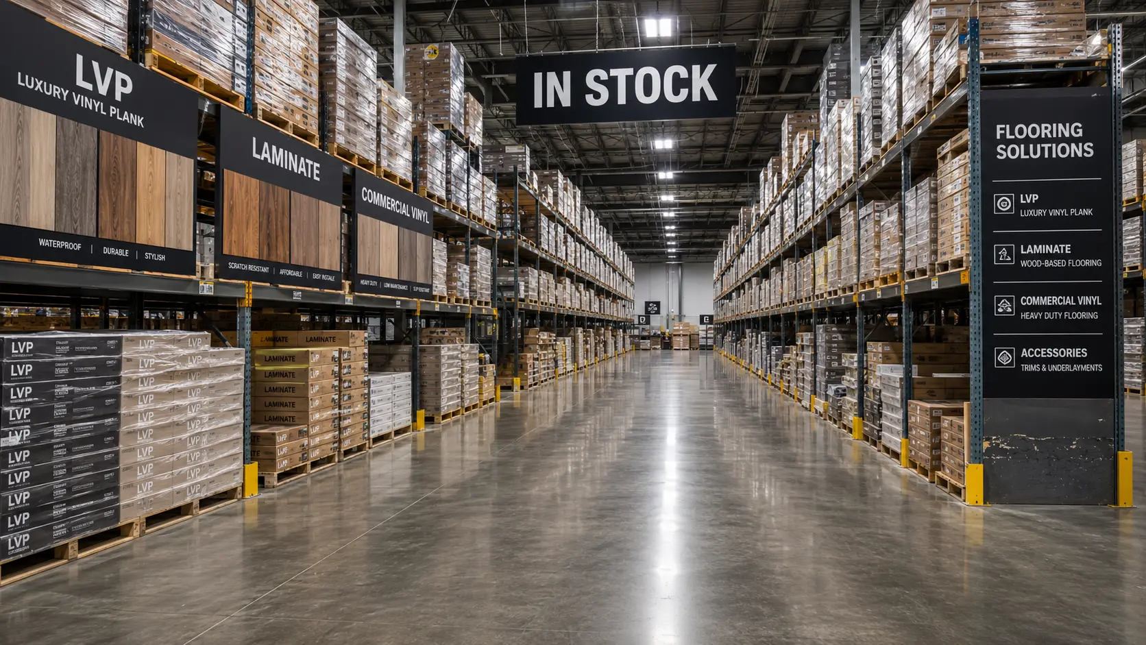 Flooring warehouse near me with industrial-scale inventory and variety of in-stock products at FL Outlet