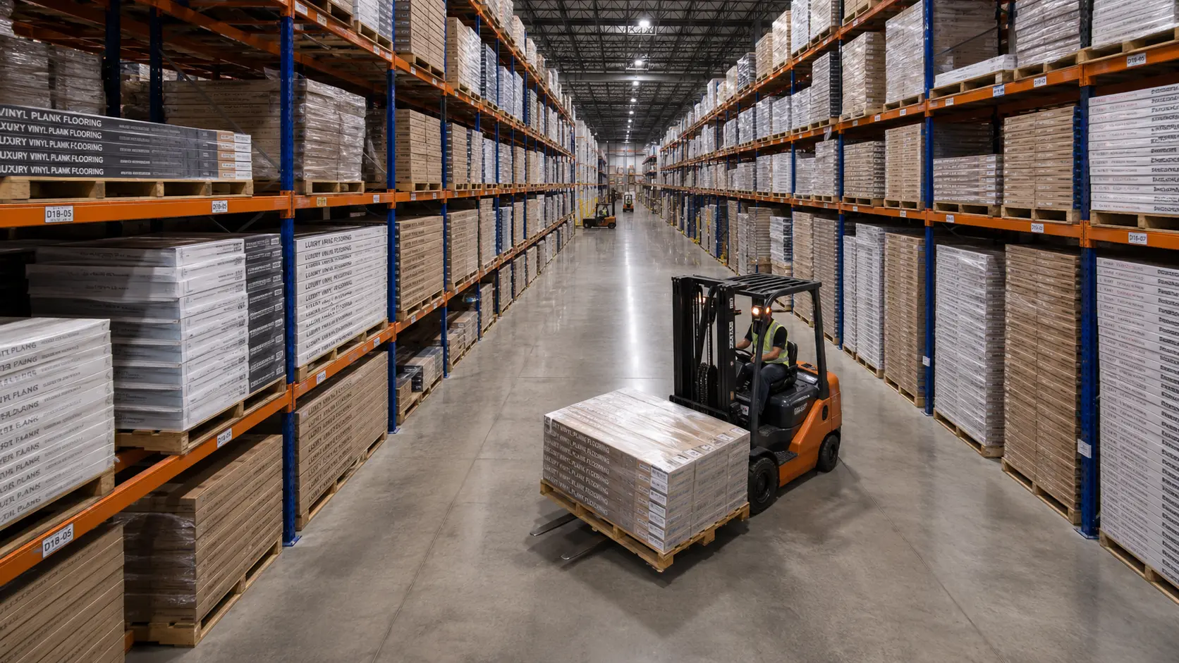 Wholesale vinyl plank flooring stacked on warehouse pallets at FL Outlet Orlando distribution center