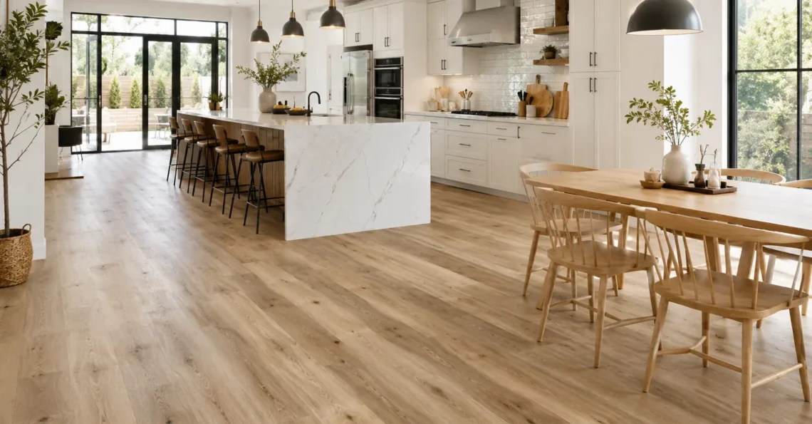 LVP flooring wholesale installed in a modern kitchen and dining area