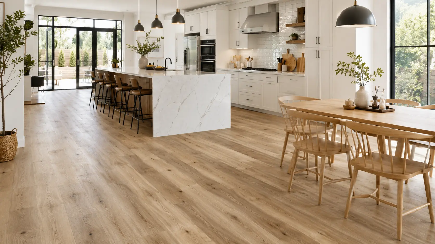 LVP flooring wholesale installed in a modern kitchen and dining area by FL Outlet