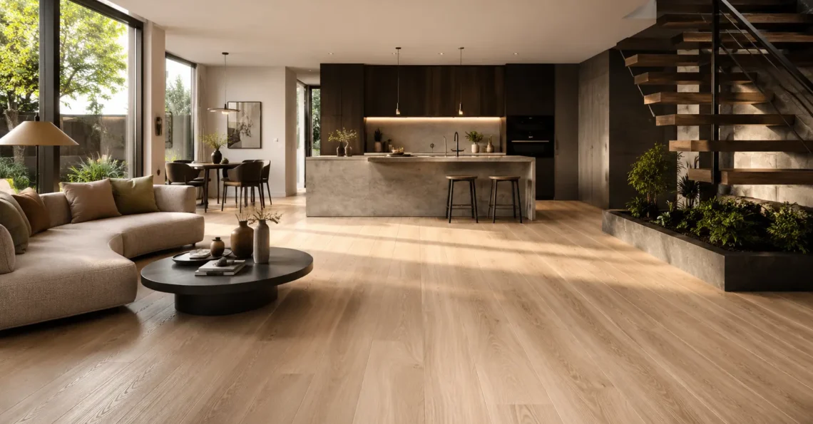 Modern open-concept living room and kitchen with wide-plank luxury vinyl flooring installed