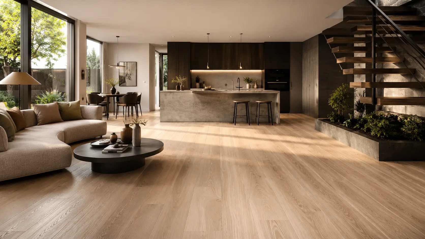 Wholesale vinyl plank flooring installed in modern Orlando living room and kitchen by FL Outlet